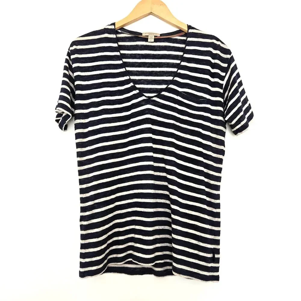Burberry Brit Linen Pocket T-Shirt V-Neck Short Sleeve Navy Stripe Size M - Picture 1 of 6